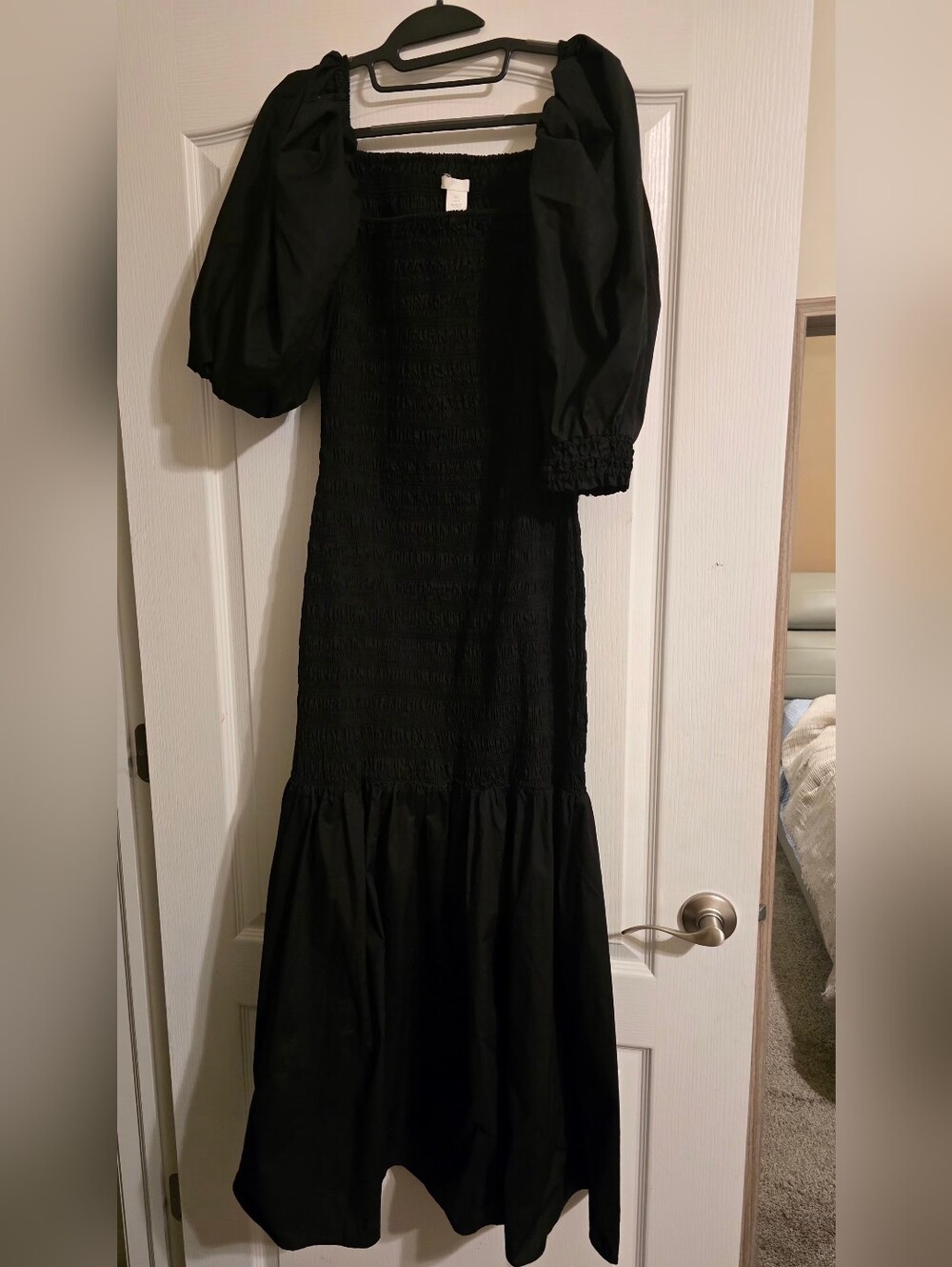 H&M Black Smocked Maxi Mermaid Dress with Puff Sleeves SZ LG
